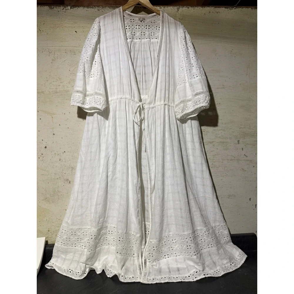 dizzylissy White Cotton Eyelet Lace Maxi Duster Cardigan Tie Front Boho Size 3X